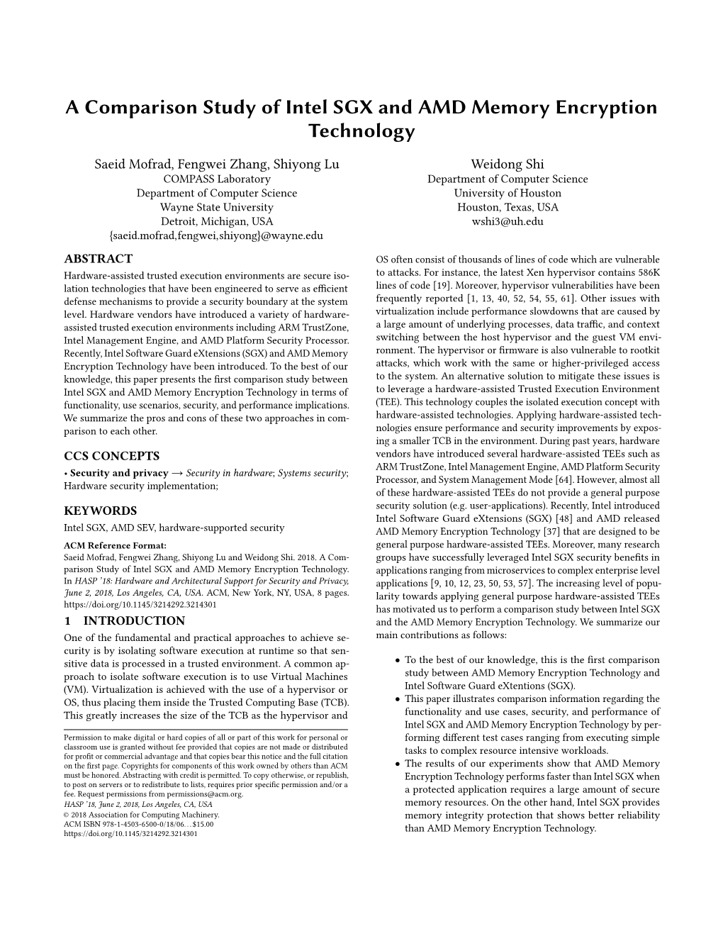 A Comparison Study of Intel SGX and AMD Memory Encryption Technology