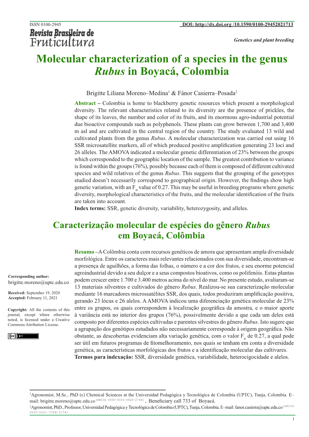 Molecular Characterization of a Species in the Genus Rubus in Boyacá, Colombia