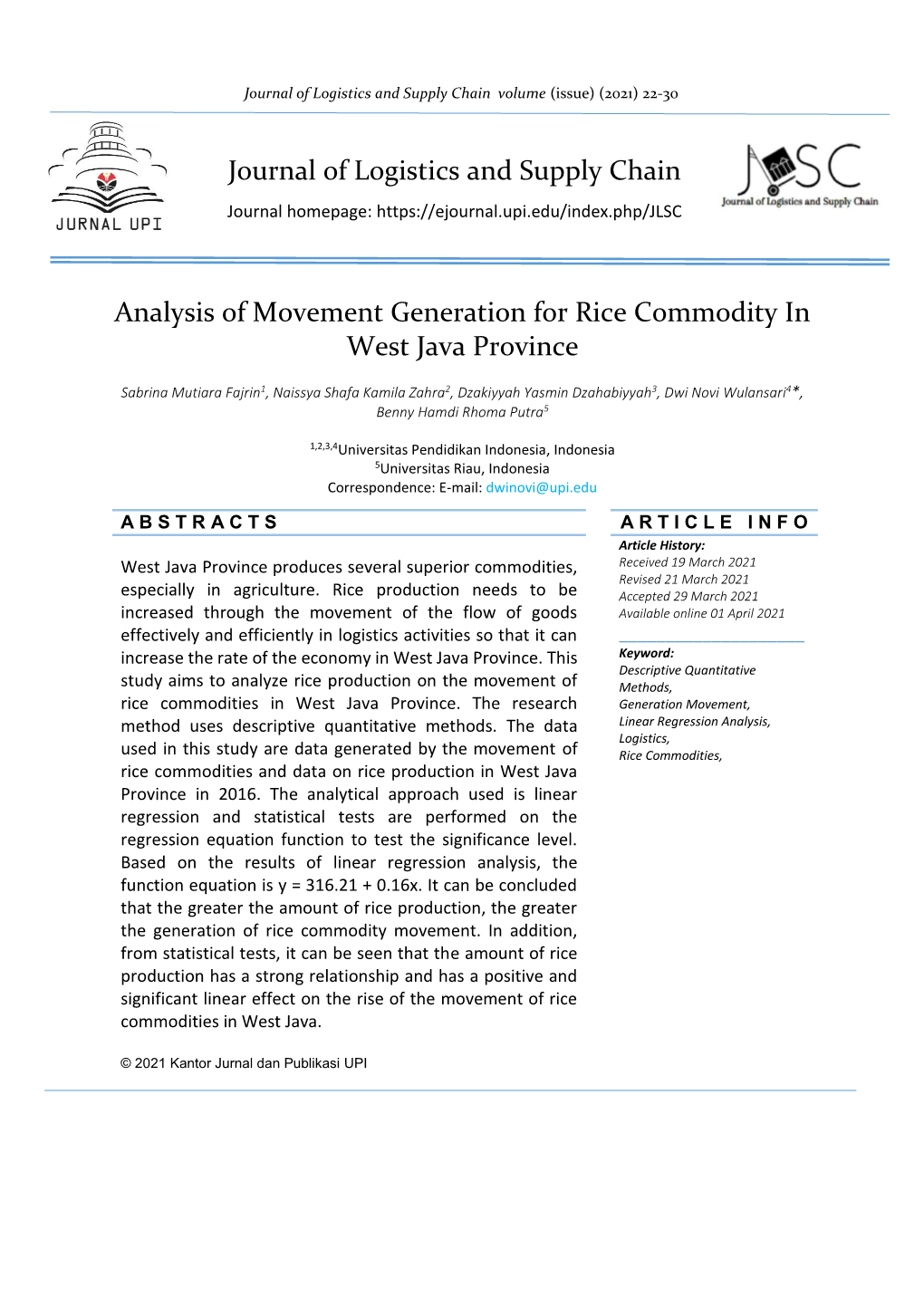 Analysis of Movement Generation for Rice Commodity in West Java Province