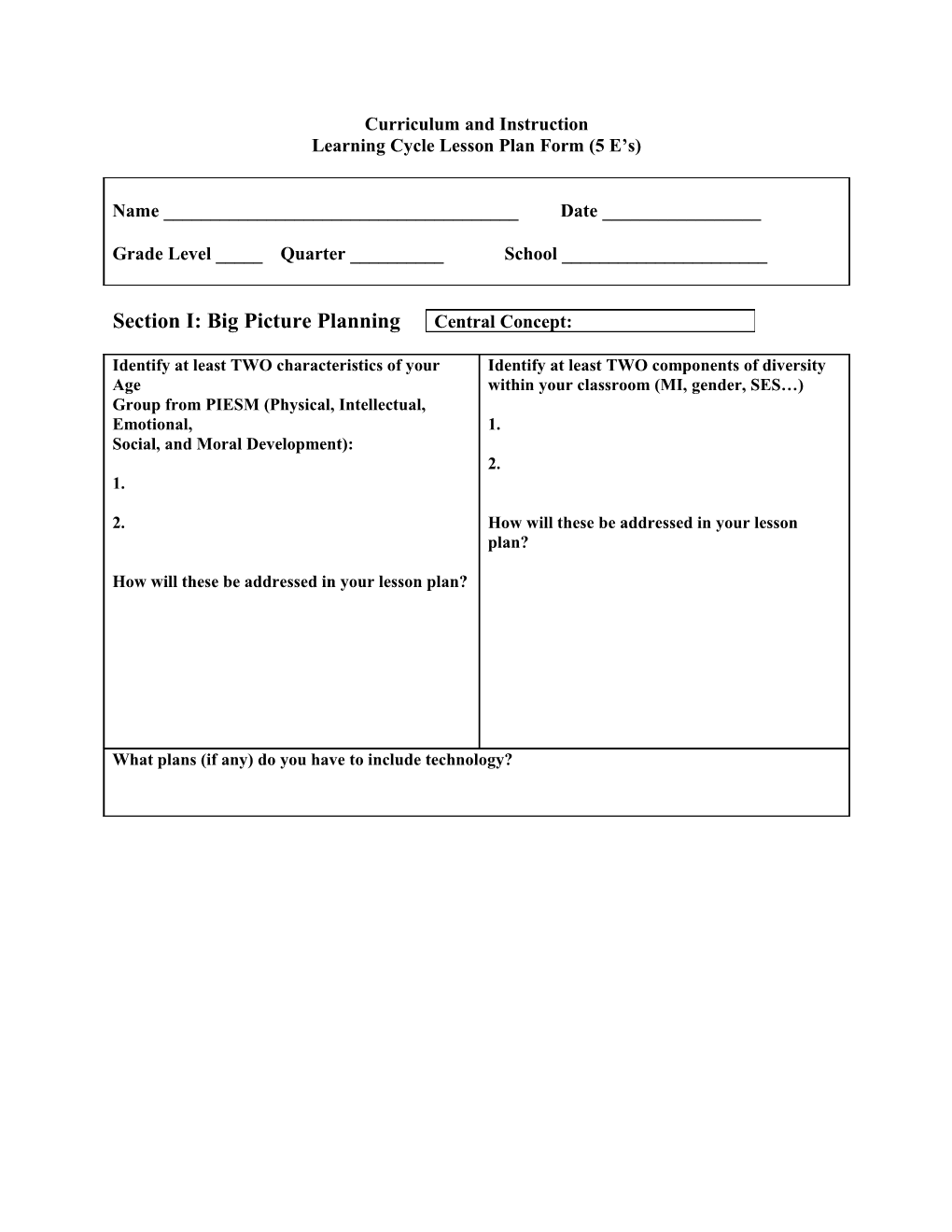 Learning Cycle Lesson Plan Form (5 E S)