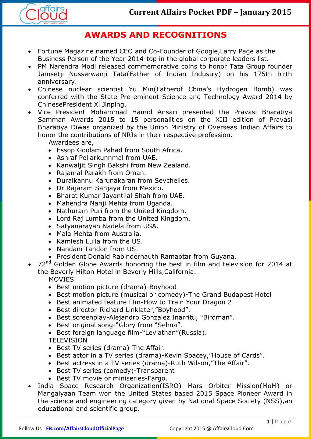 Current Affairs Pocket PDF – January 2015 AWARDS AND