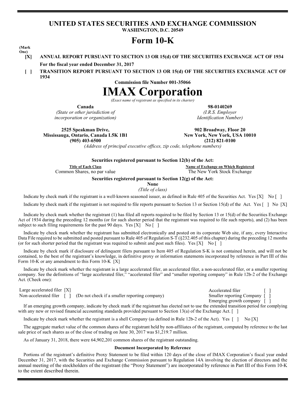 IMAX Corporation (Exact Name of Registrant As Specified in Its Charter)