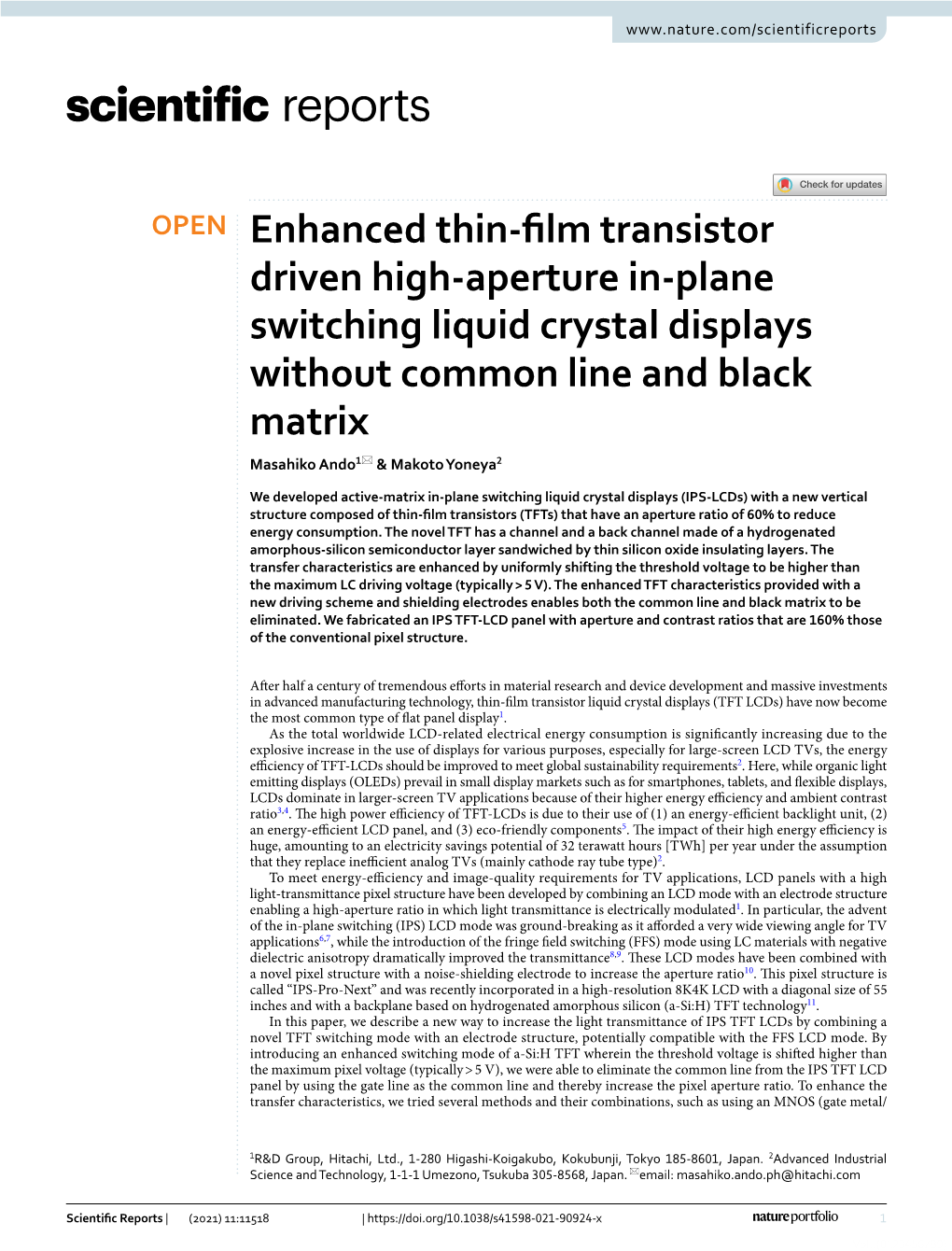 Enhanced Thin-Film Transistor Driven High-Aperture In-Plane Switching