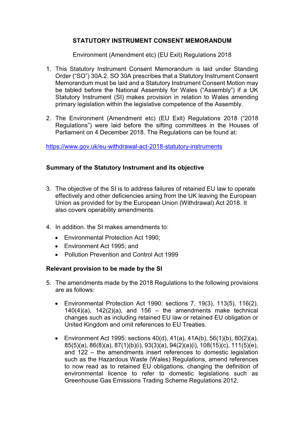 Statutory Instrument Consent Memorandum