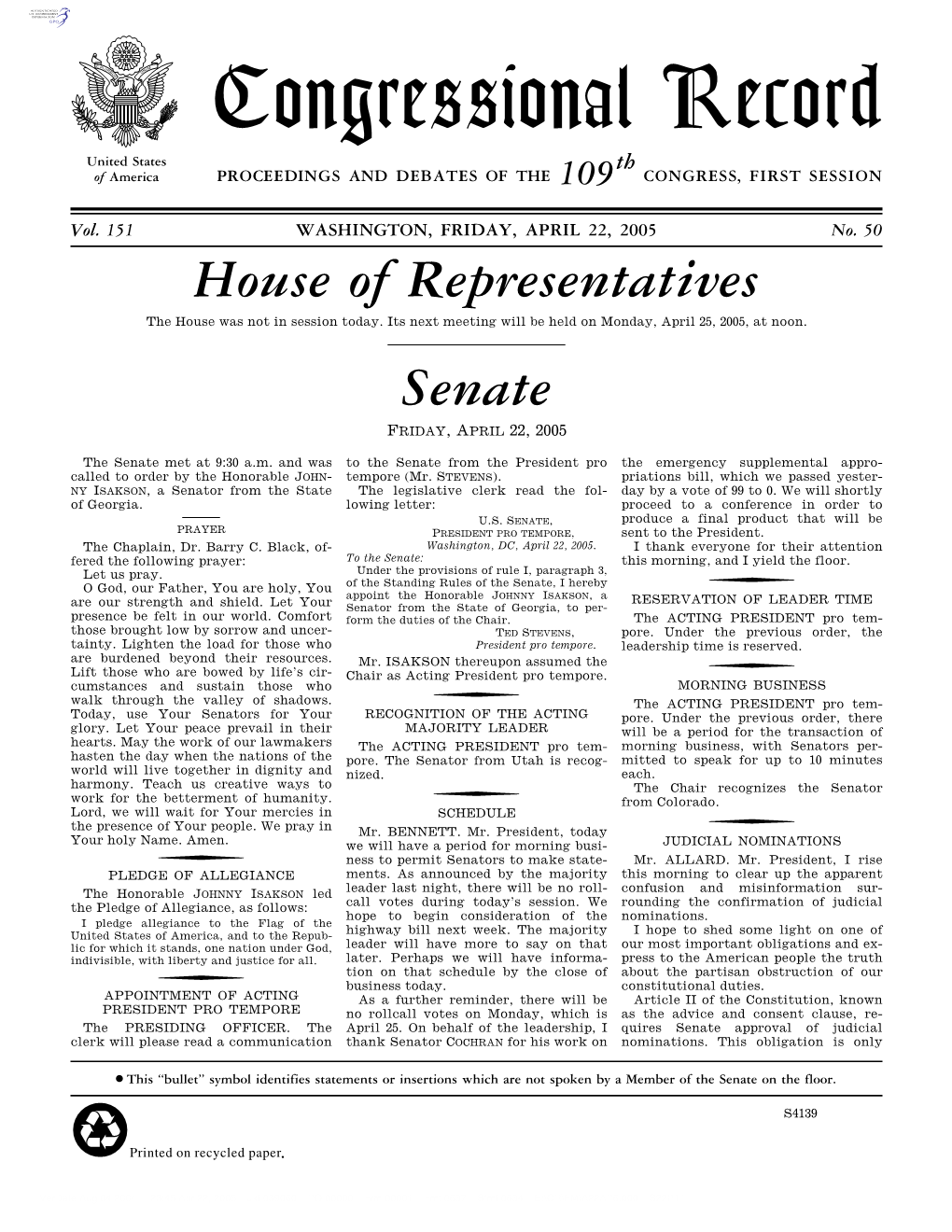 Congressional Record United States Th of America PROCEEDINGS and DEBATES of the 109 CONGRESS, FIRST SESSION