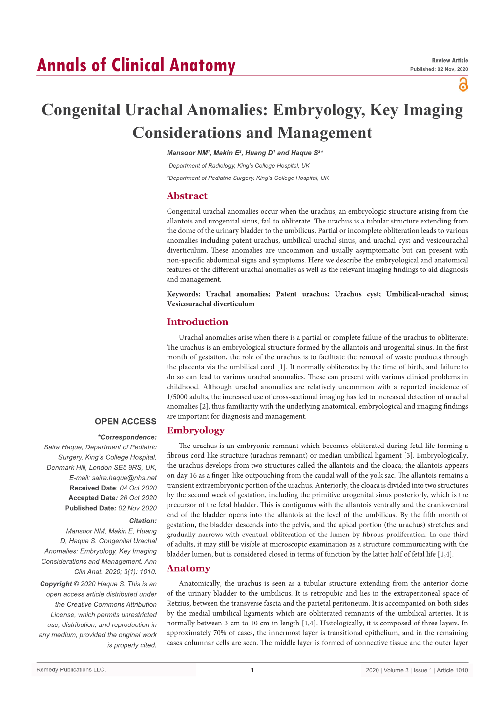 Congenital Urachal Anomalies: Embryology, Key Imaging Considerations and Management