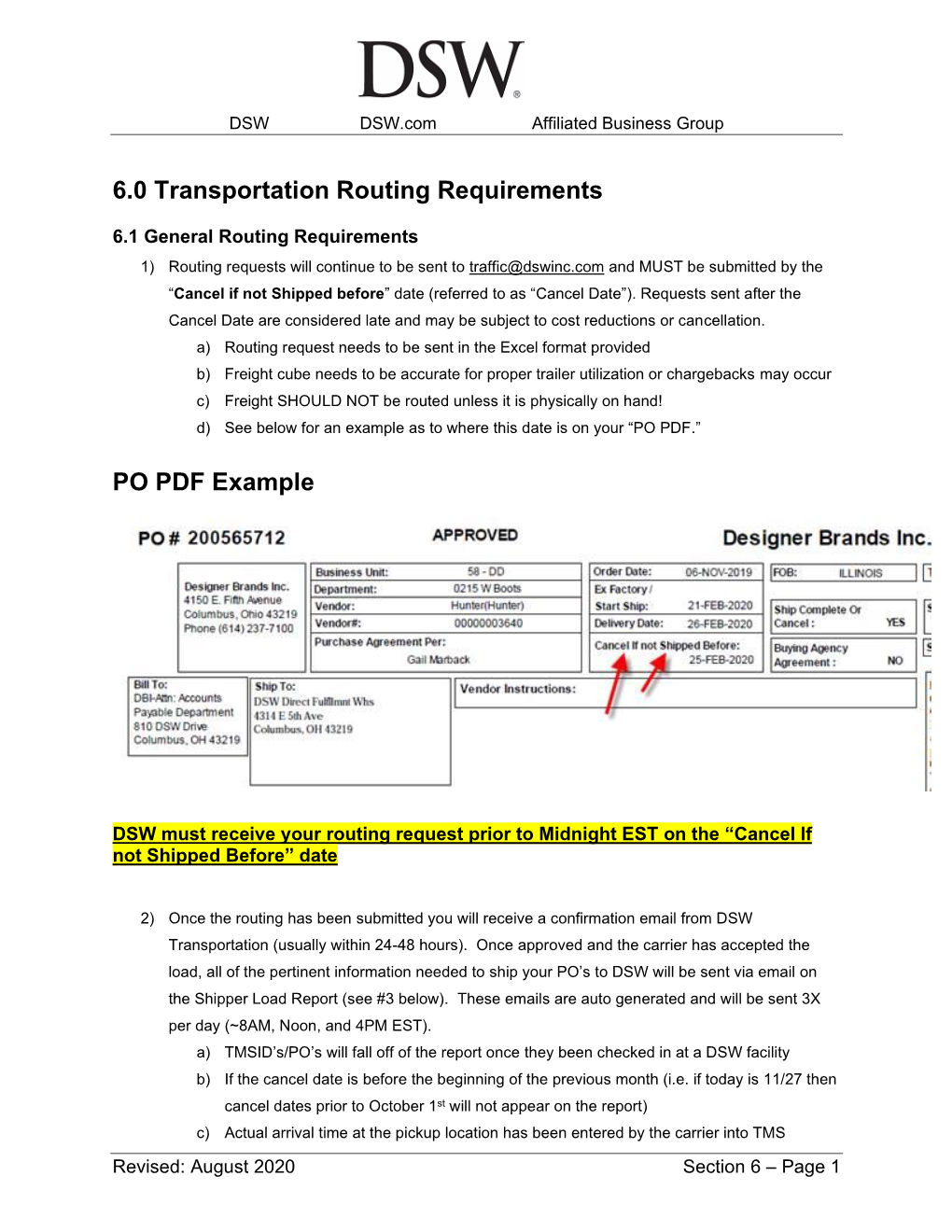6.0 Transportation Routing Requirements PO PDF Example