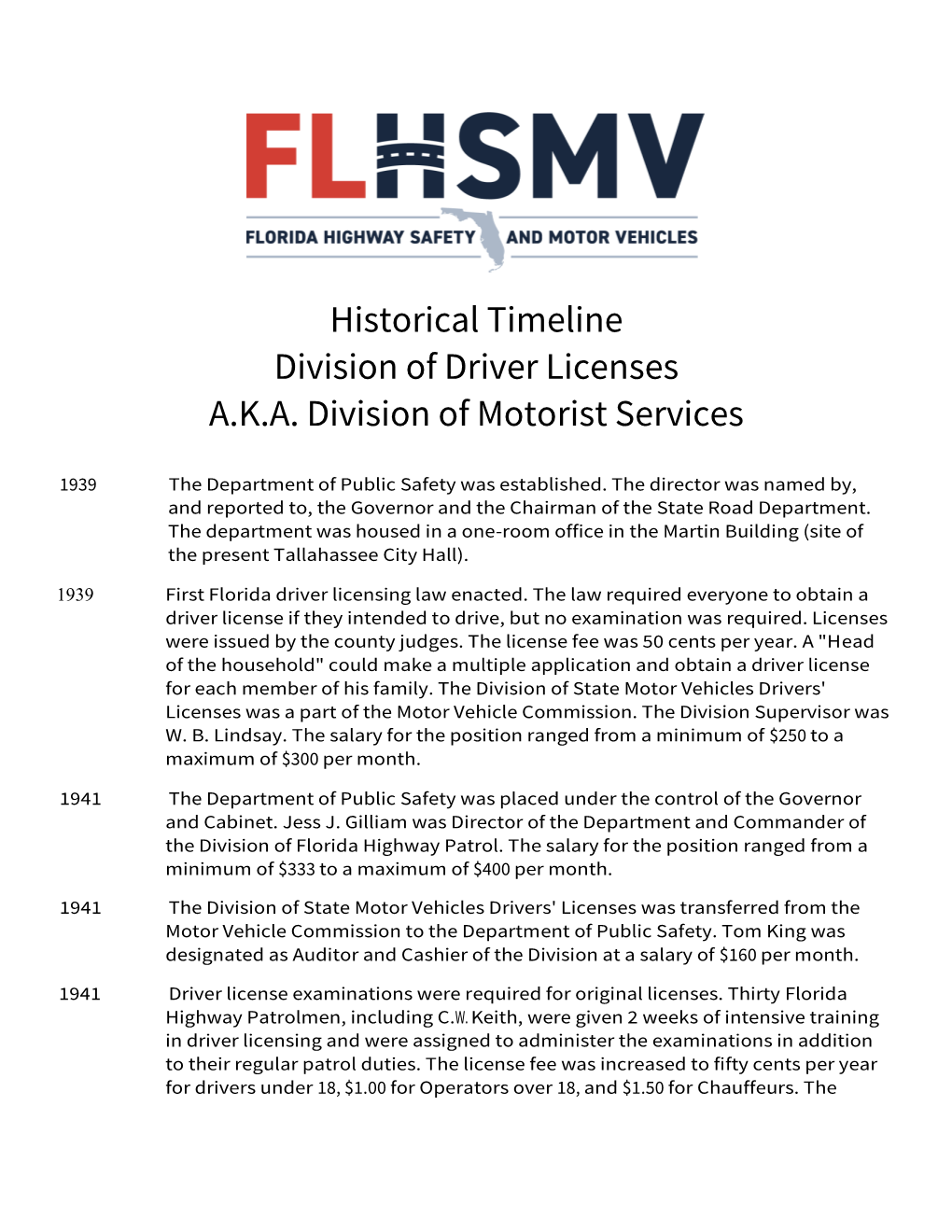 Historical Timeline Division of Driver Licenses A.K.A. Division of Motorist Services