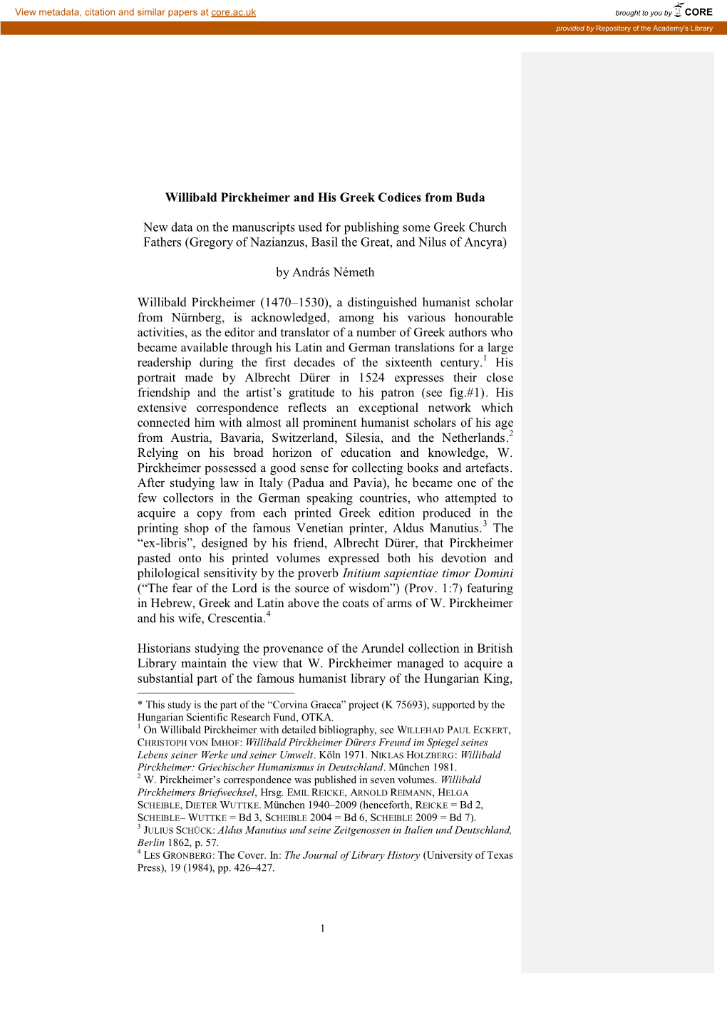 Willibald Pirckheimer És Budáról Származó Görög Kódexei