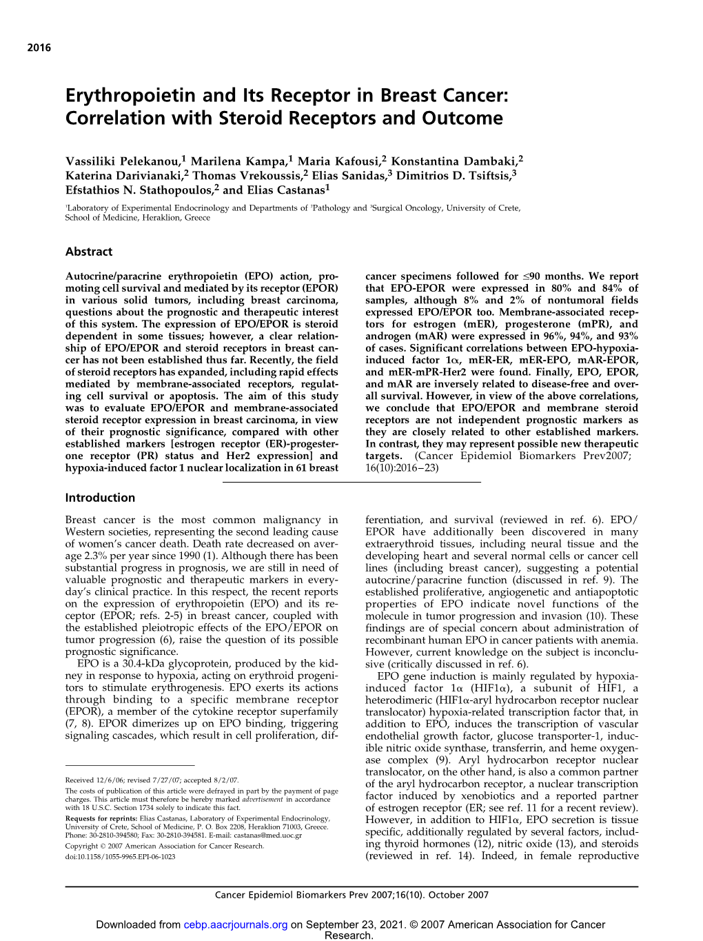 Correlation with Steroid Receptors and Outcome