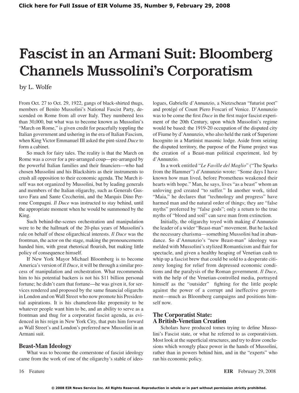 Fascist in an Armani Suit: Bloomberg Channels Mussolini's Corporatism