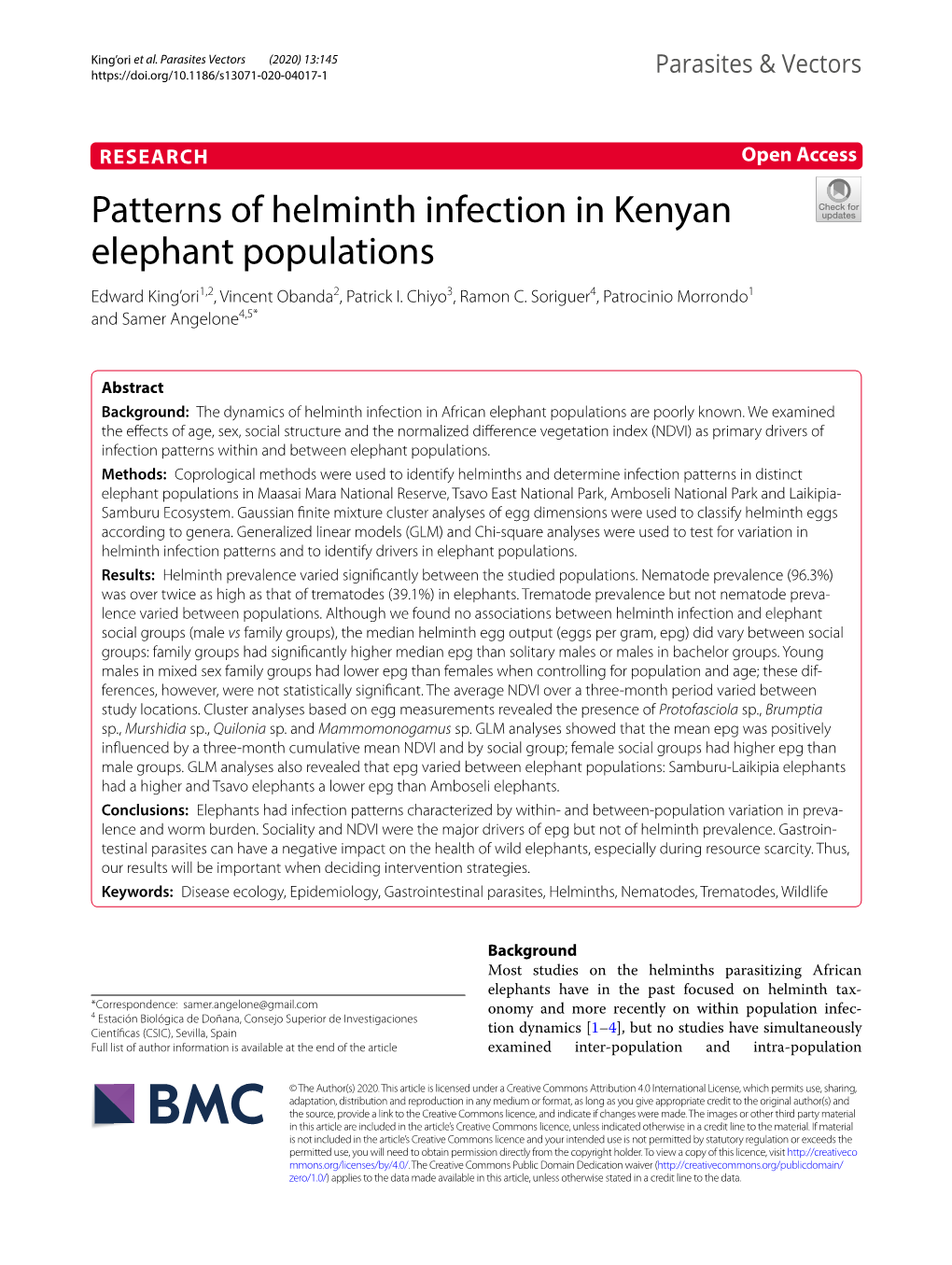 Patterns of Helminth Infection in Kenyan Elephant Populations Edward King’Ori1,2, Vincent Obanda2, Patrick I