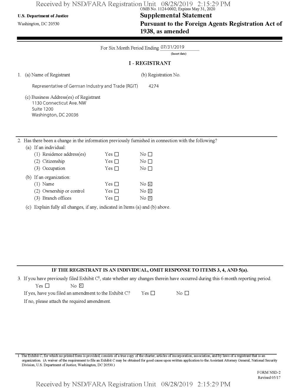 Received Bv NSD/FARA Registration Unit 08/28/2019 2:15:29 PM OMB No