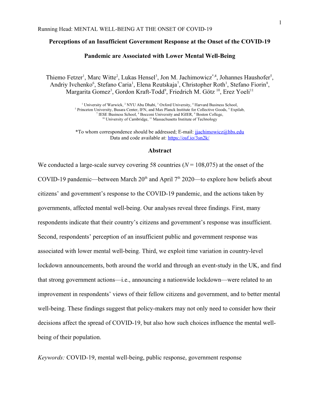 Perceptions of an Insufficient Government Response at the Onset of the COVID-19 Pandemic Are Associated with Lower Mental Well-B