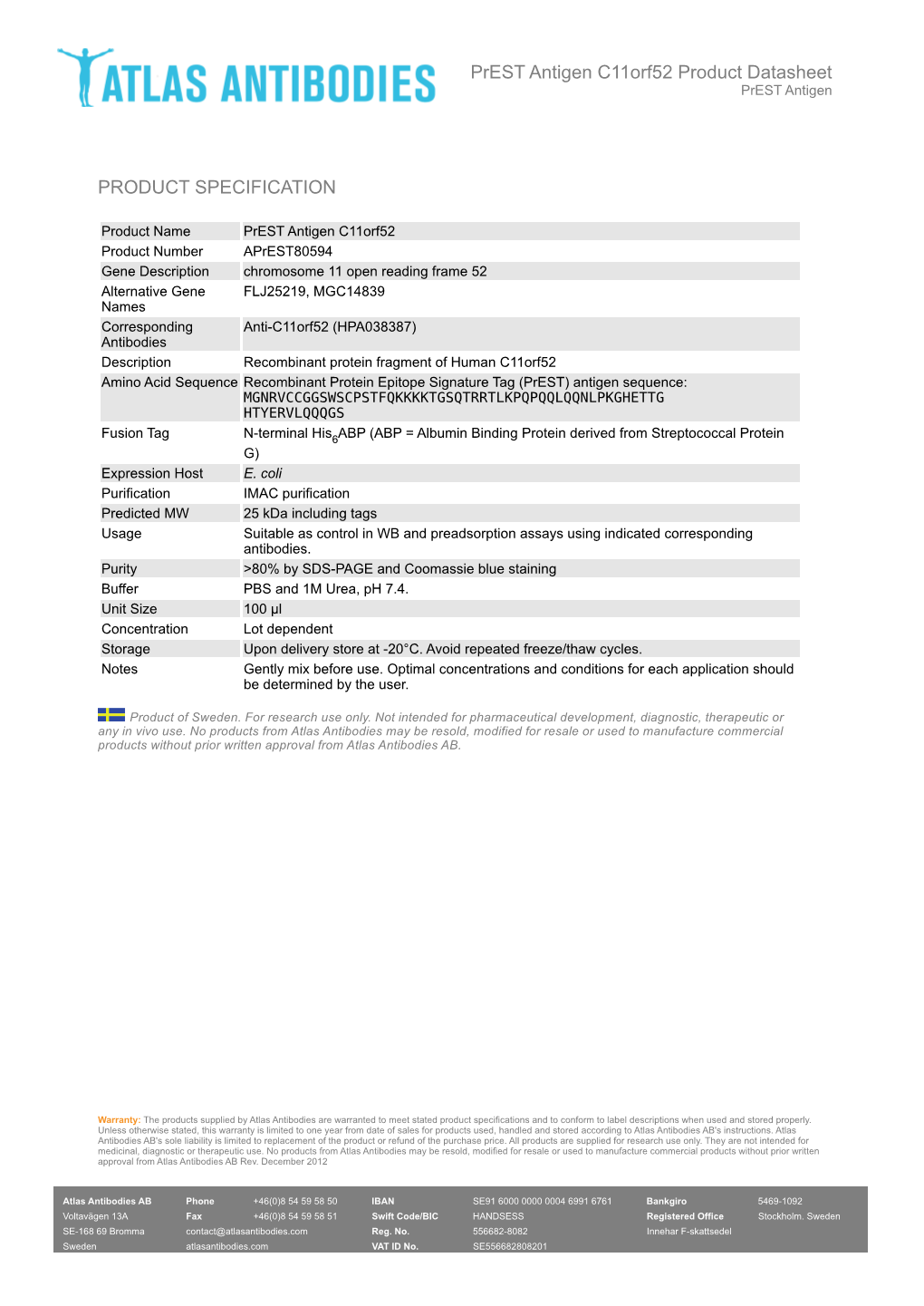 PRODUCT SPECIFICATION Prest Antigen C11orf52 Product