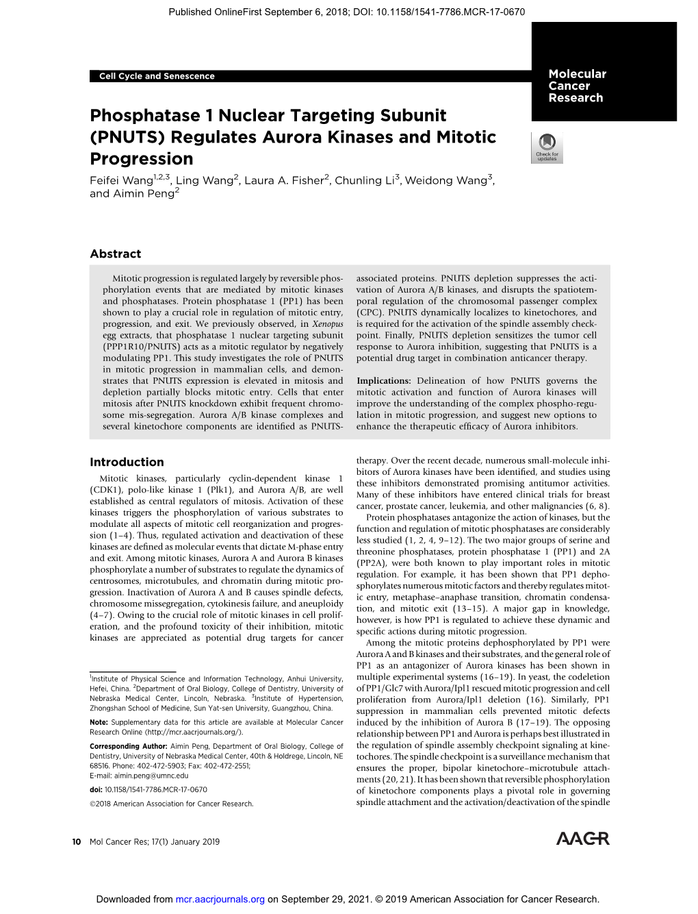 PNUTS) Regulates Aurora Kinases and Mitotic Progression Feifei Wang1,2,3, Ling Wang2, Laura A