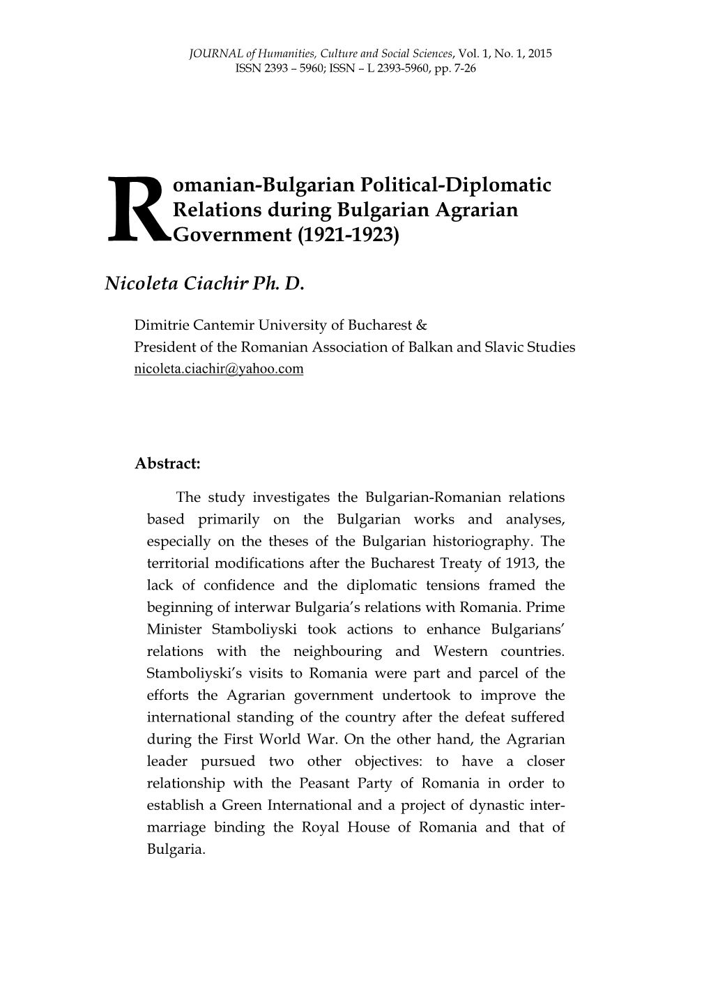 Omanian-Bulgarian Political-Diplomatic Relations During Bulgarian Agrarian Rgovernment (1921-1923)