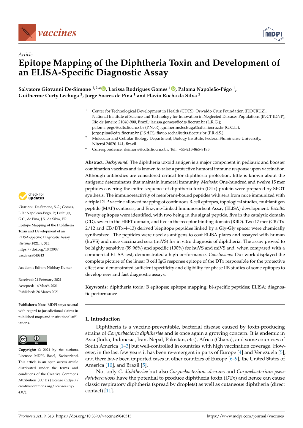 Epitope Mapping of the Diphtheria Toxin and Development of an ELISA-Speciﬁc Diagnostic Assay