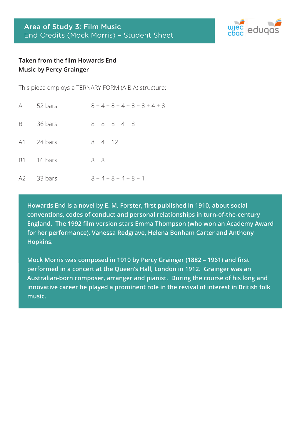 Area of Study 3: Film Music End Credits (Mock Morris) – Student Sheet