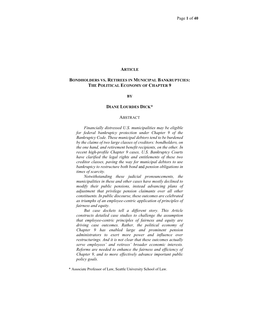 Of 40 Financially Distressed US Municipalities May Be Eligible for Federal Bankruptcy Protection Under Chapter 9 Of