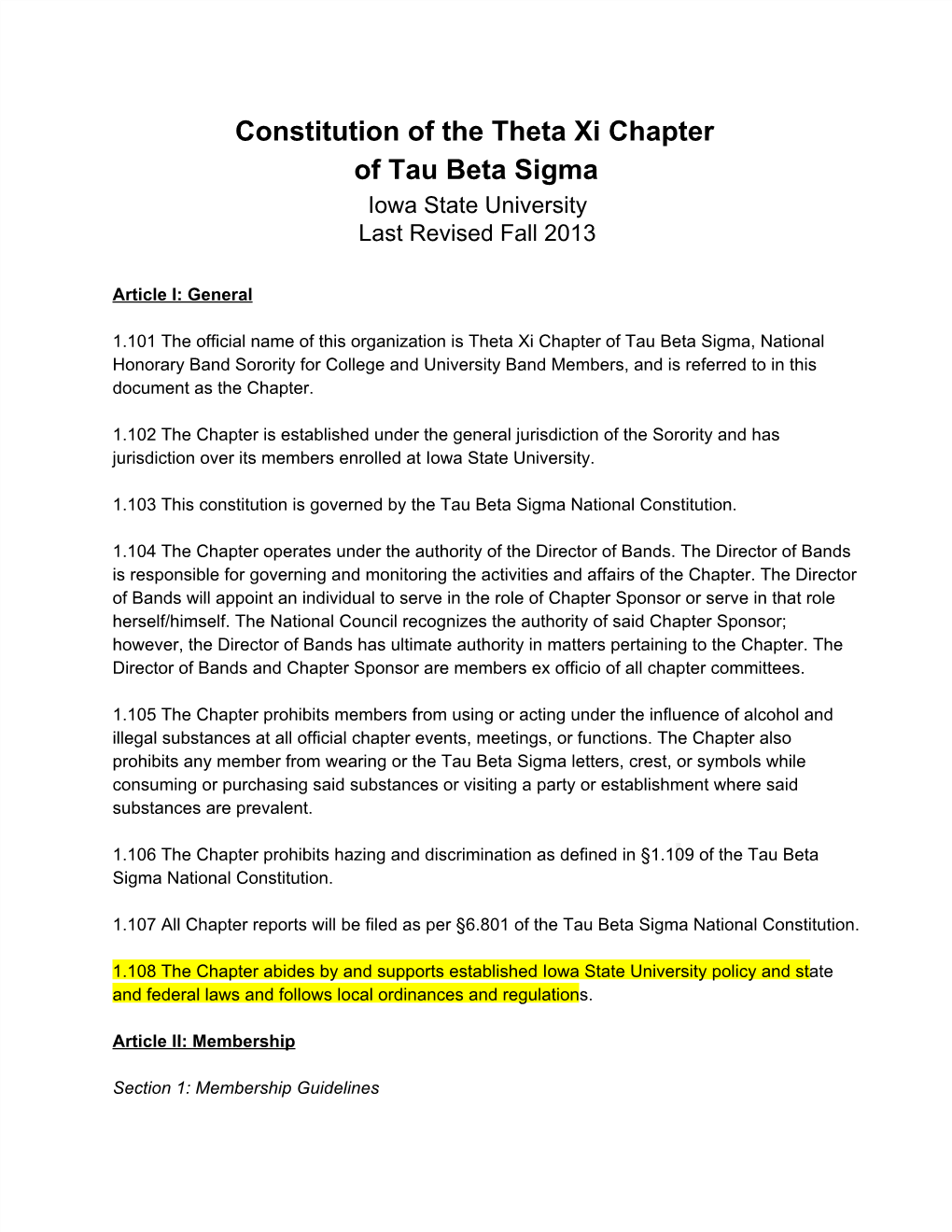 Constitution of the Theta Xi Chapter of Tau Beta Sigma Iowa State University Last Revised Fall 2013