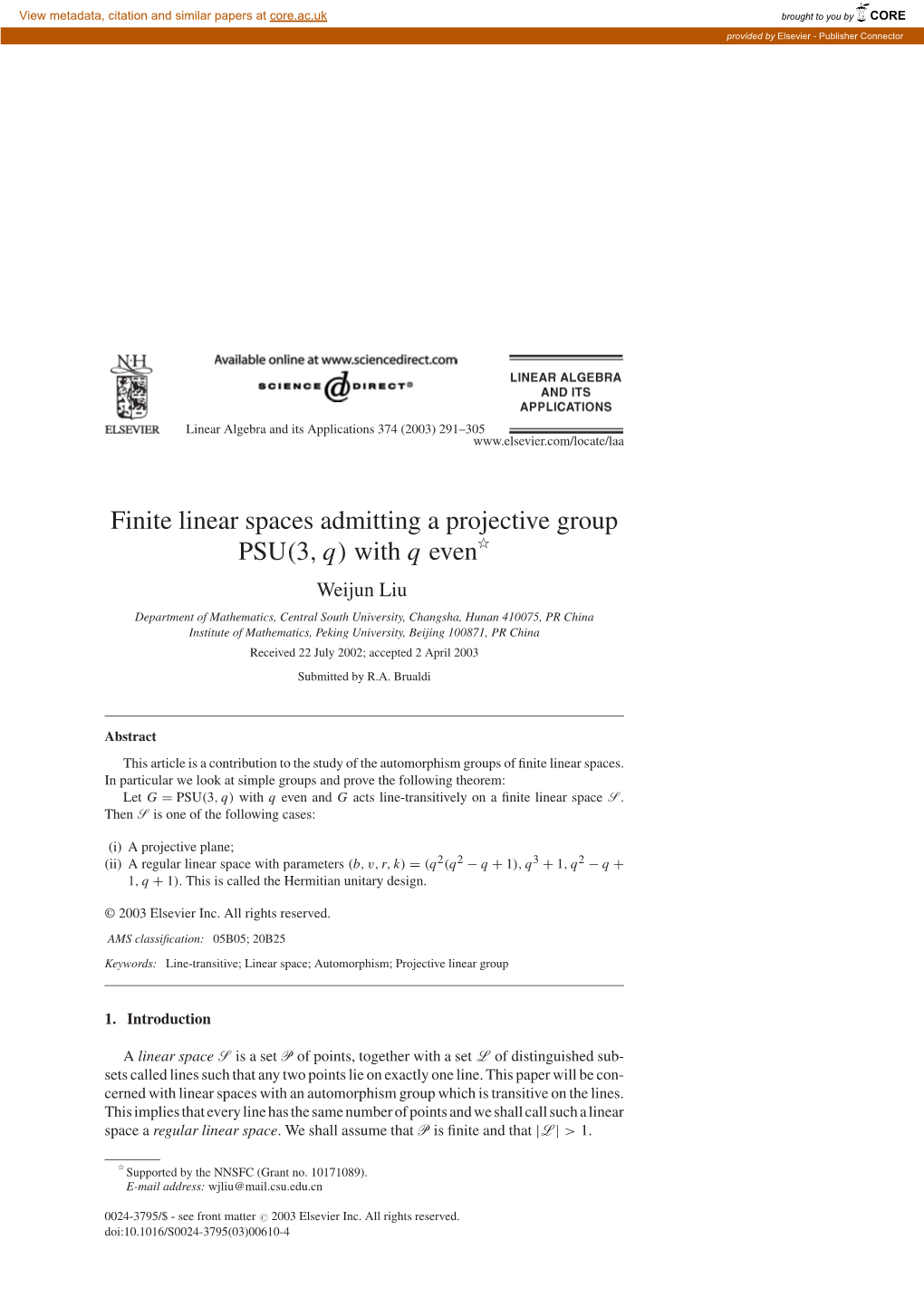 Finite Linear Spaces Admitting a Projective Group PSU(3,Q)