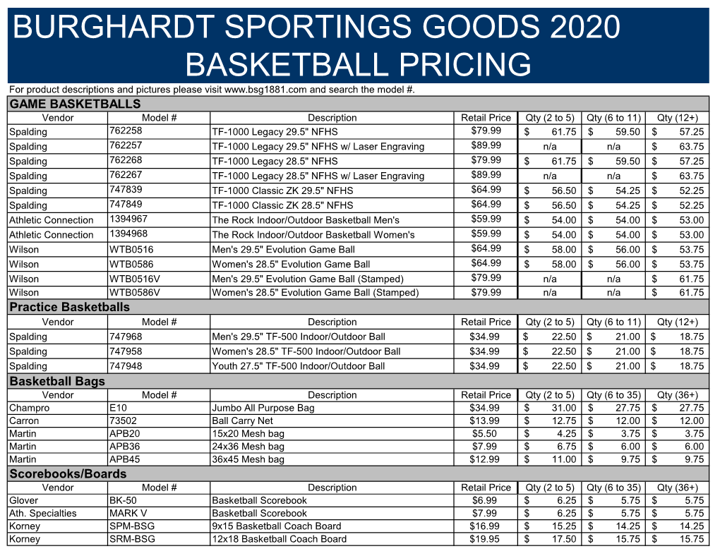 BURGHARDT SPORTINGS GOODS 2020 BASKETBALL PRICING for Product Descriptions and Pictures Please Visit and Search the Model