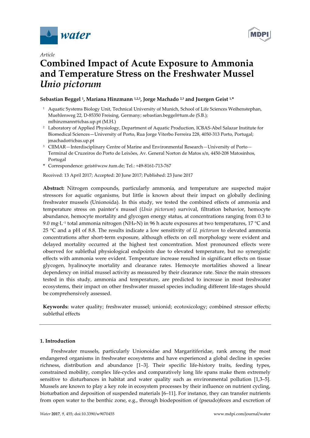 Combined Impact of Acute Exposure to Ammonia and Temperature Stress on the Freshwater Mussel Unio Pictorum