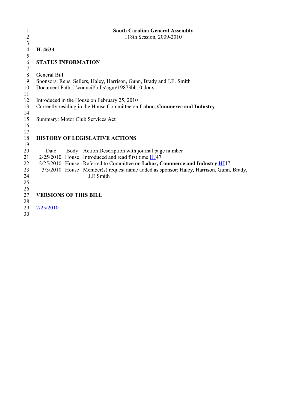 2009-2010 Bill 4633: Motor Club Services Act - South Carolina Legislature Online