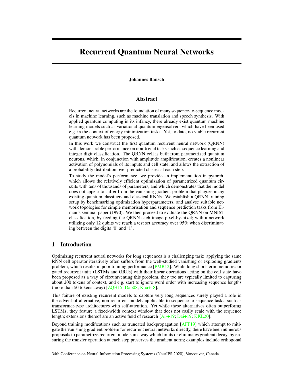 Recurrent Quantum Neural Networks