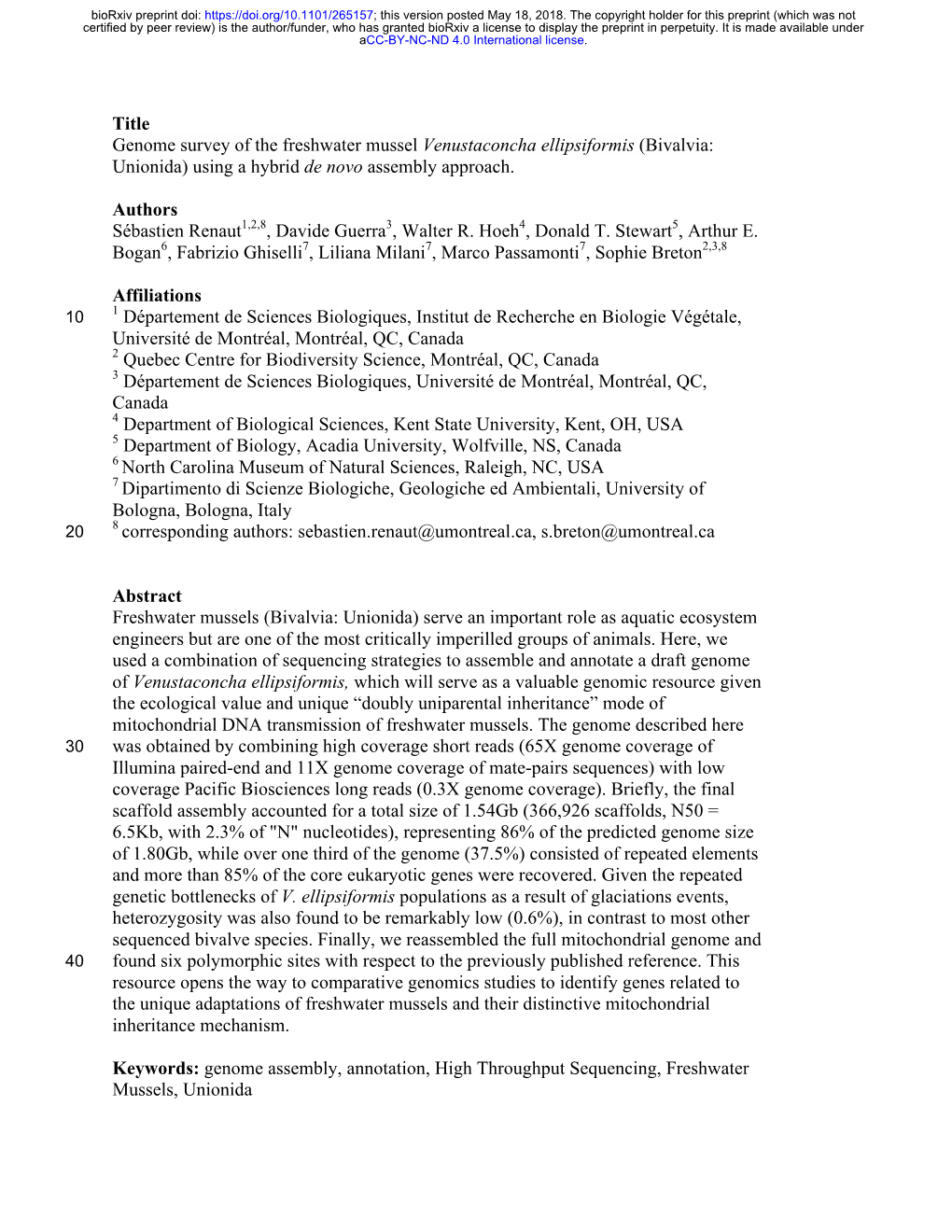 Genome Survey of the Freshwater Mussel Venustaconcha Ellipsiformis (Bivalvia: Unionida) Using a Hybrid De Novo Assembly Approach