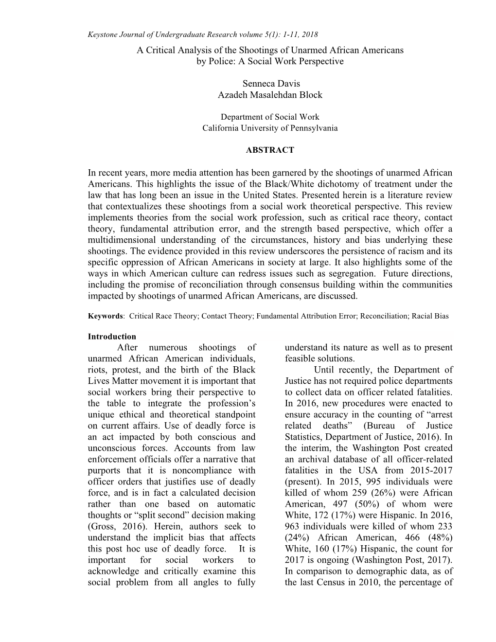 A Critical Analysis of the Shootings of Unarmed African Americans by Police: a Social Work Perspective