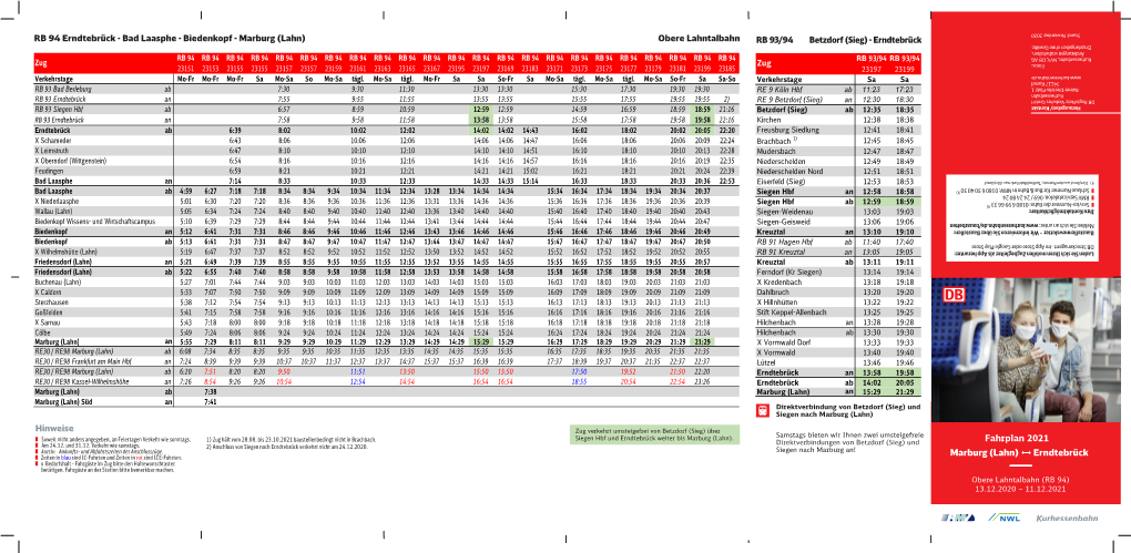 Marburg (Lahn) Erndtebrück Fahrplan 2021 Hinweise RB 94 Erndtebrück