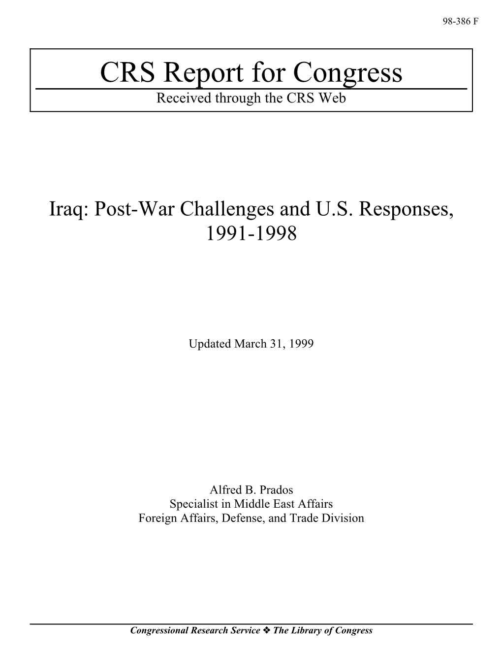 Iraq: Post-War Challenges and U.S. Responses, 1991-1998