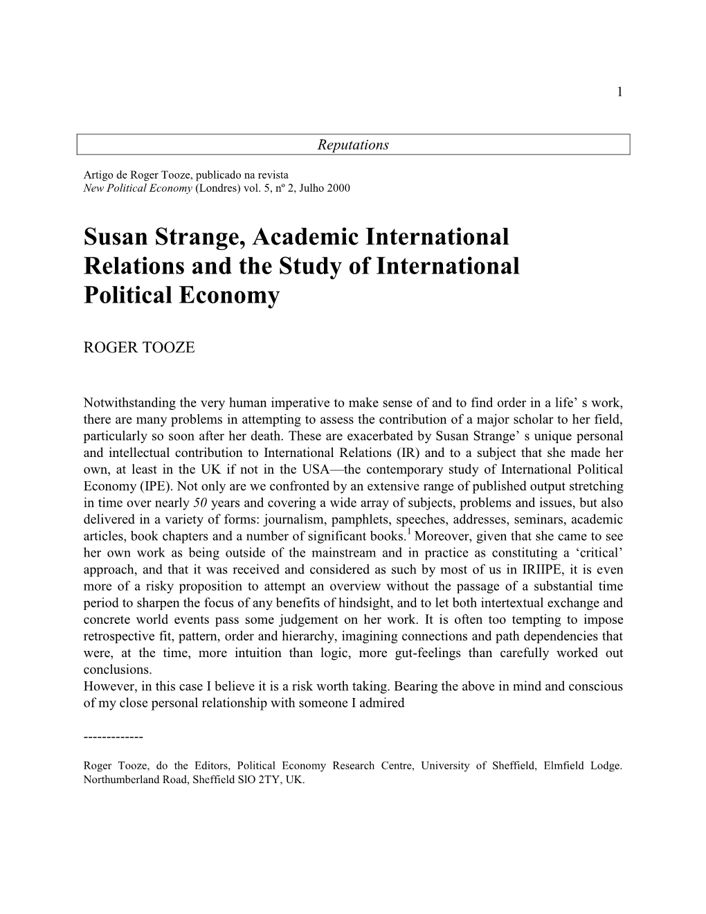 Susan Strange, Academic International Relations and the Study of International Political Economy