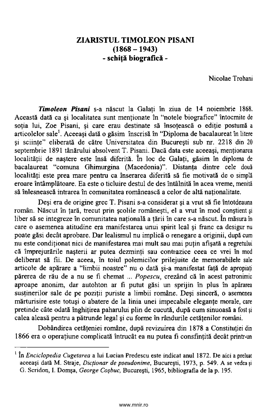 ZIARISTUL TIMOLEON PISANI (1868 -1943) - Schiţă Biografică