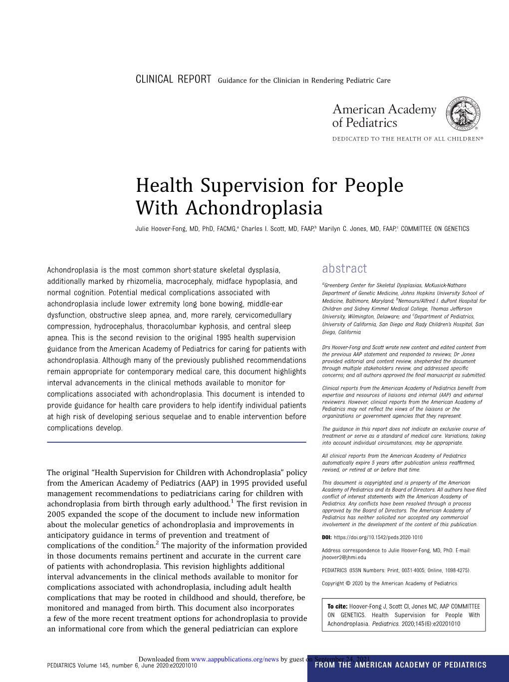 Health Supervision for People with Achondroplasia Julie Hoover-Fong, MD, Phd, FACMG,A Charles I