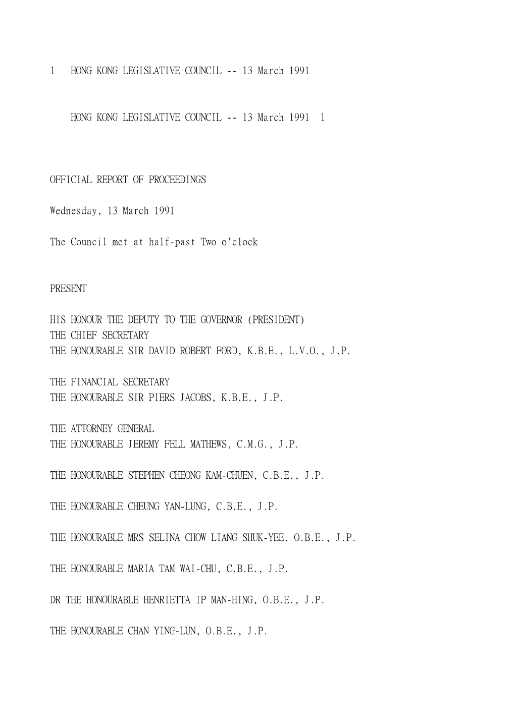 1 HONG KONG LEGISLATIVE COUNCIL -- 13 March 1991 HONG