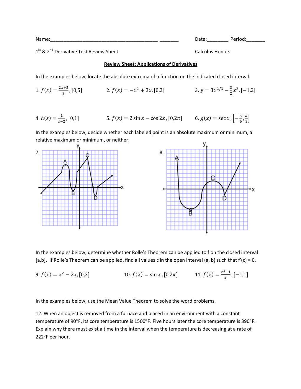1St & 2Nd Derivative Test Review Sheet C