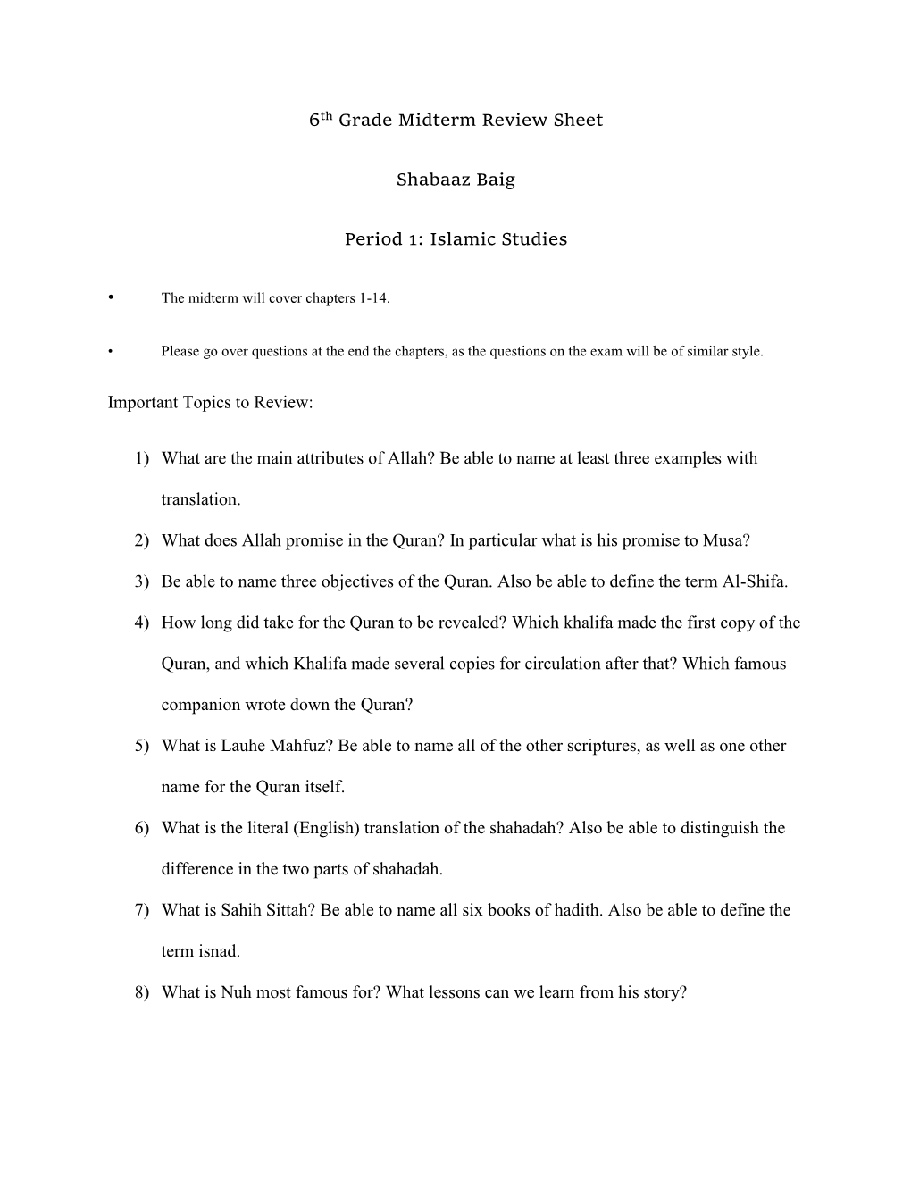 6Th Grade Midterm Review Sheet Shabaaz Baig Period 1