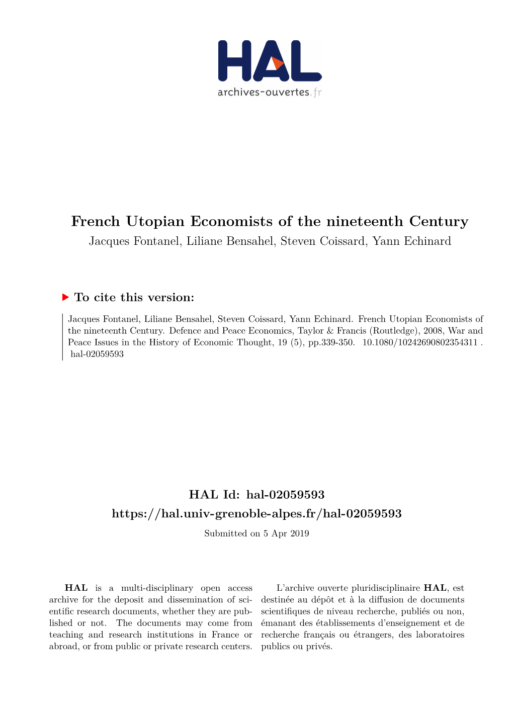 French Utopian Economists of the Nineteenth Century Jacques Fontanel, Liliane Bensahel, Steven Coissard, Yann Echinard