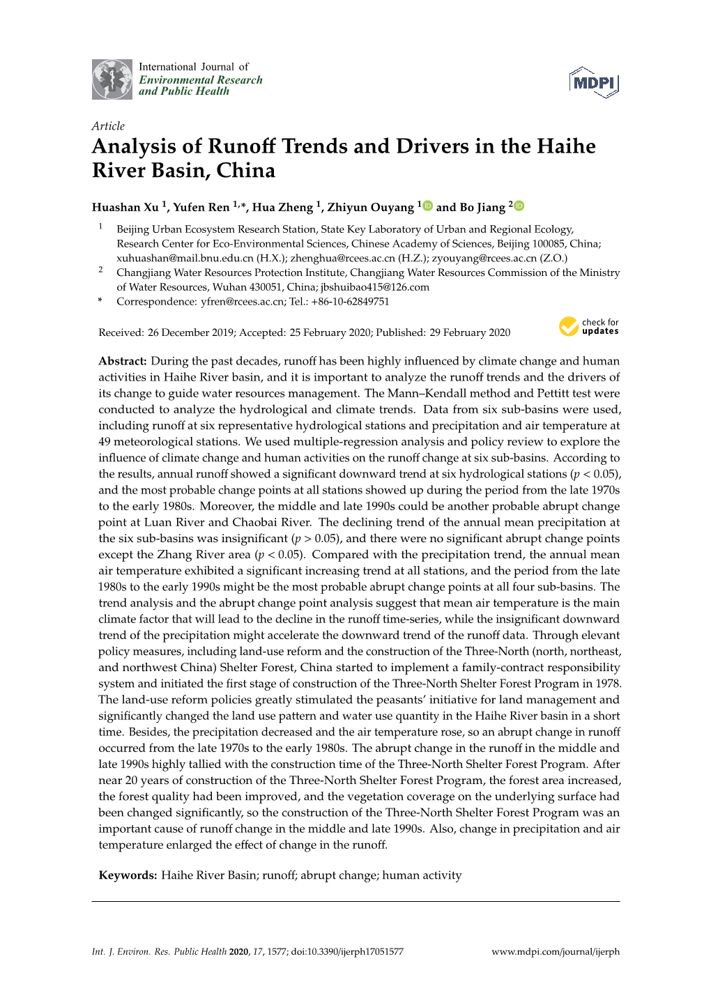 Analysis of Runoff Trends and Drivers in the Haihe River Basin, China