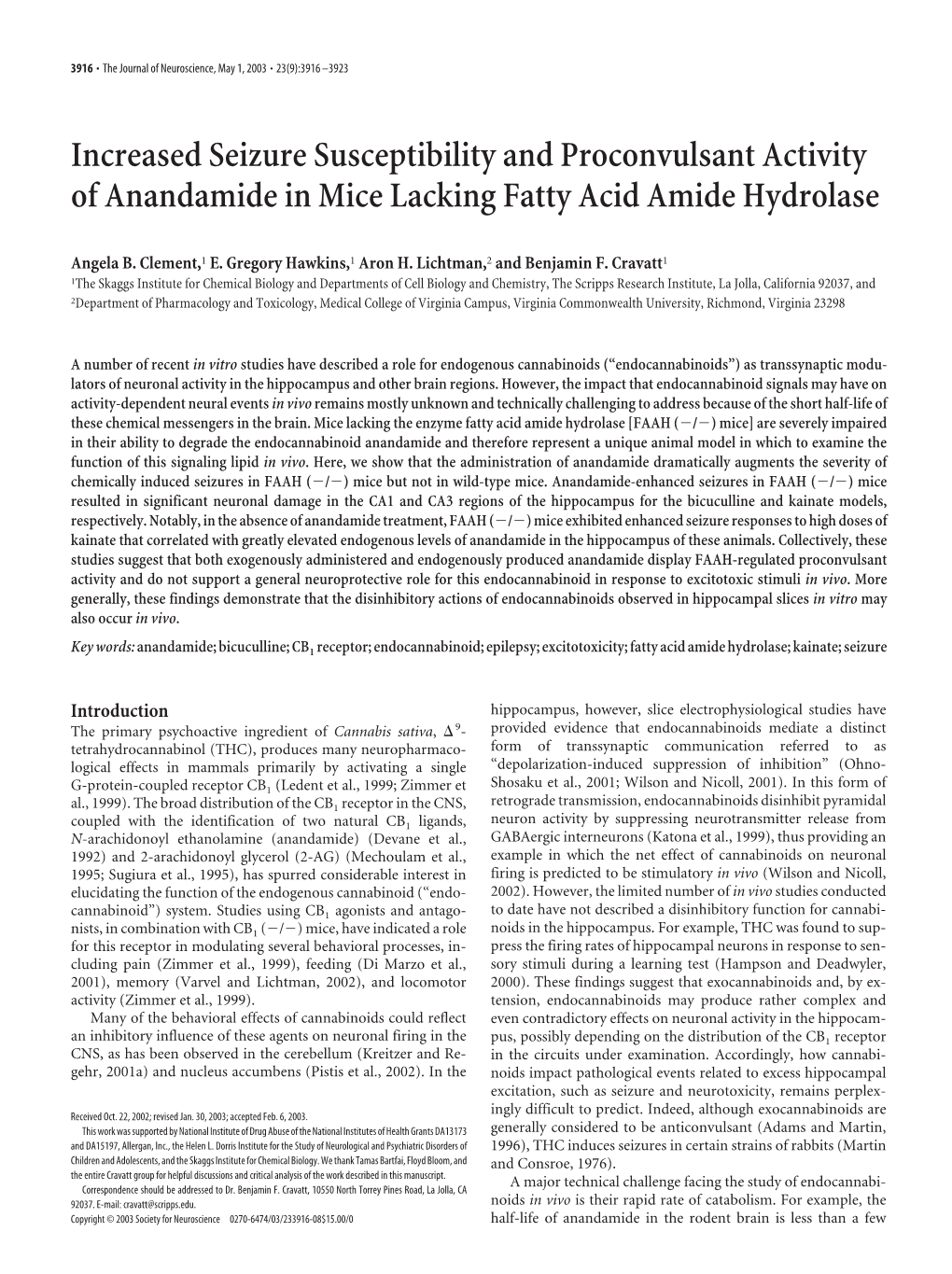 Increased Seizure Susceptibility and Proconvulsant Activity of Anandamide in Mice Lacking Fatty Acid Amide Hydrolase