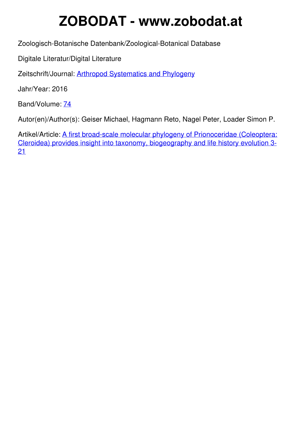 A First Broad-Scale Molecular Phylogeny of Prionoceridae