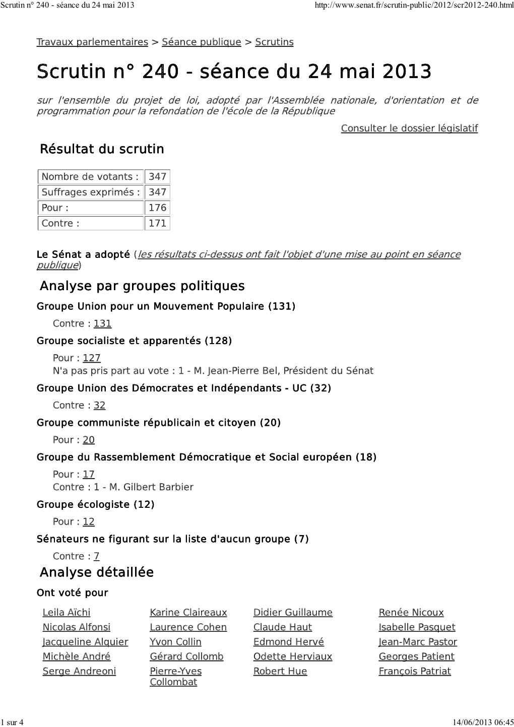 Scrutin N° 240 - Séance Du 24 Mai 2013