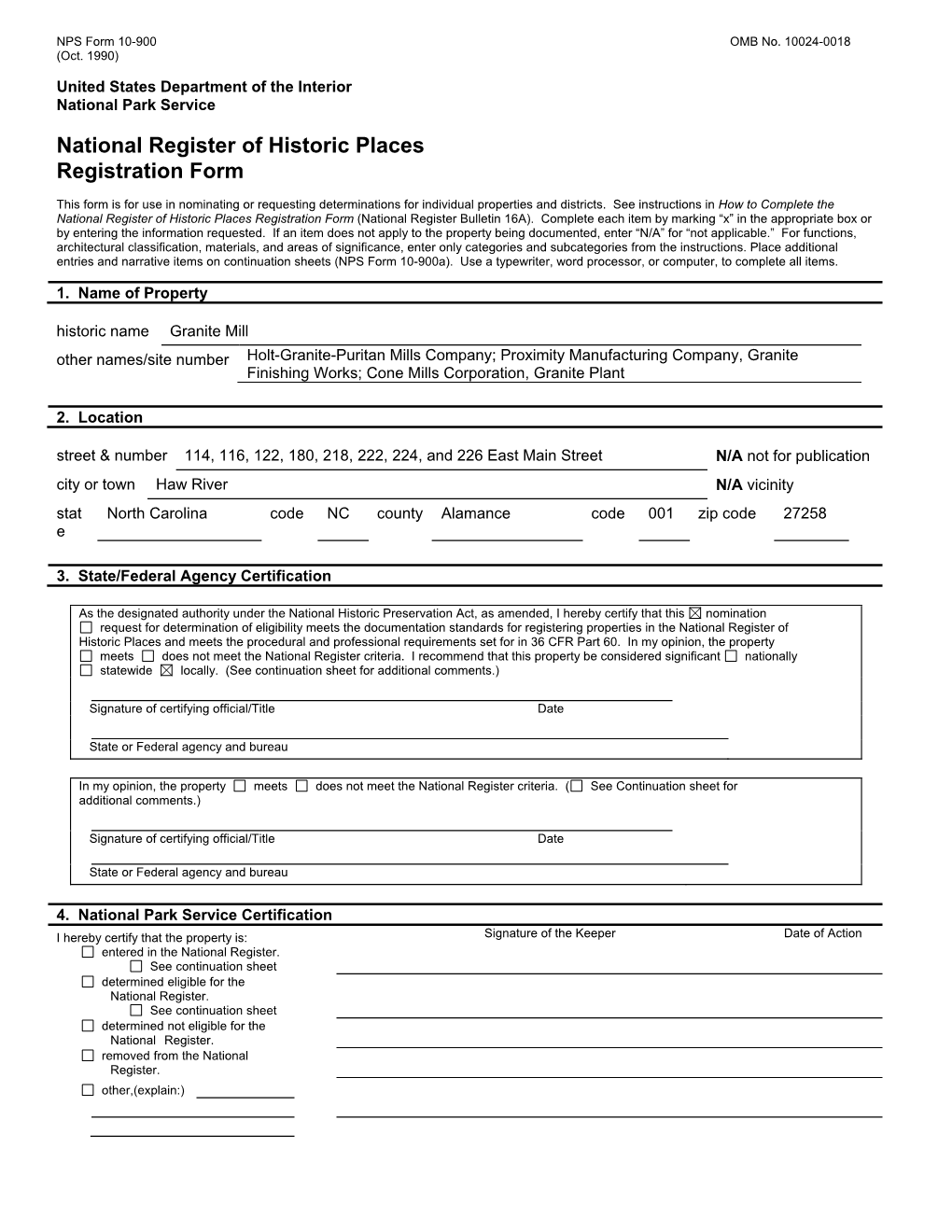 Granite Mill National Register of Historic Places Registration Form