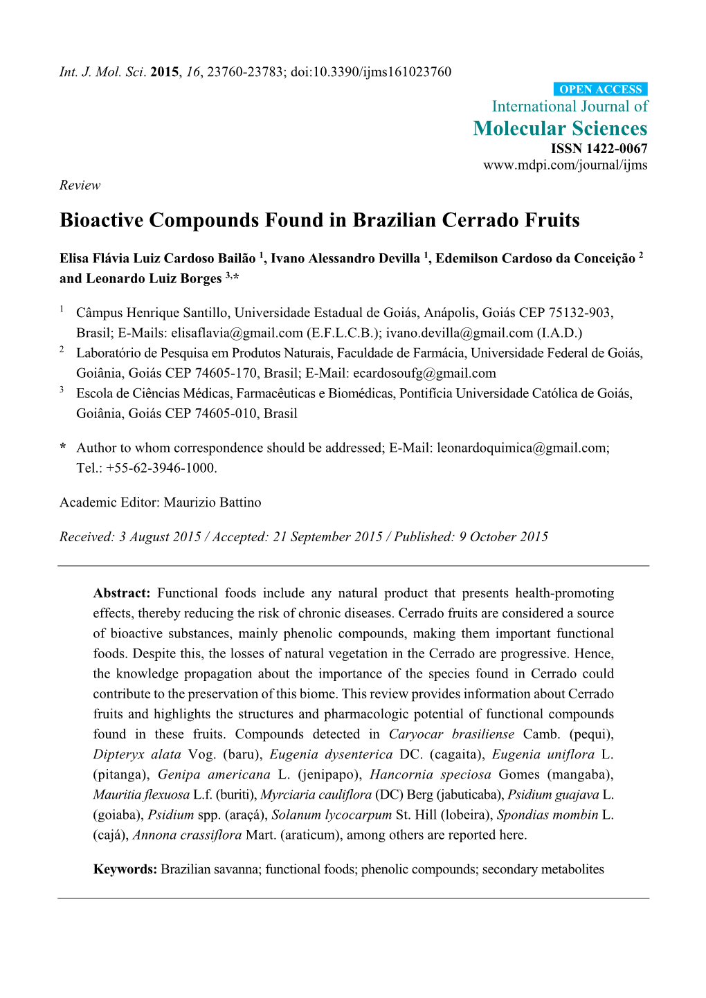 Bioactive Compounds Found in Brazilian Cerrado Fruits