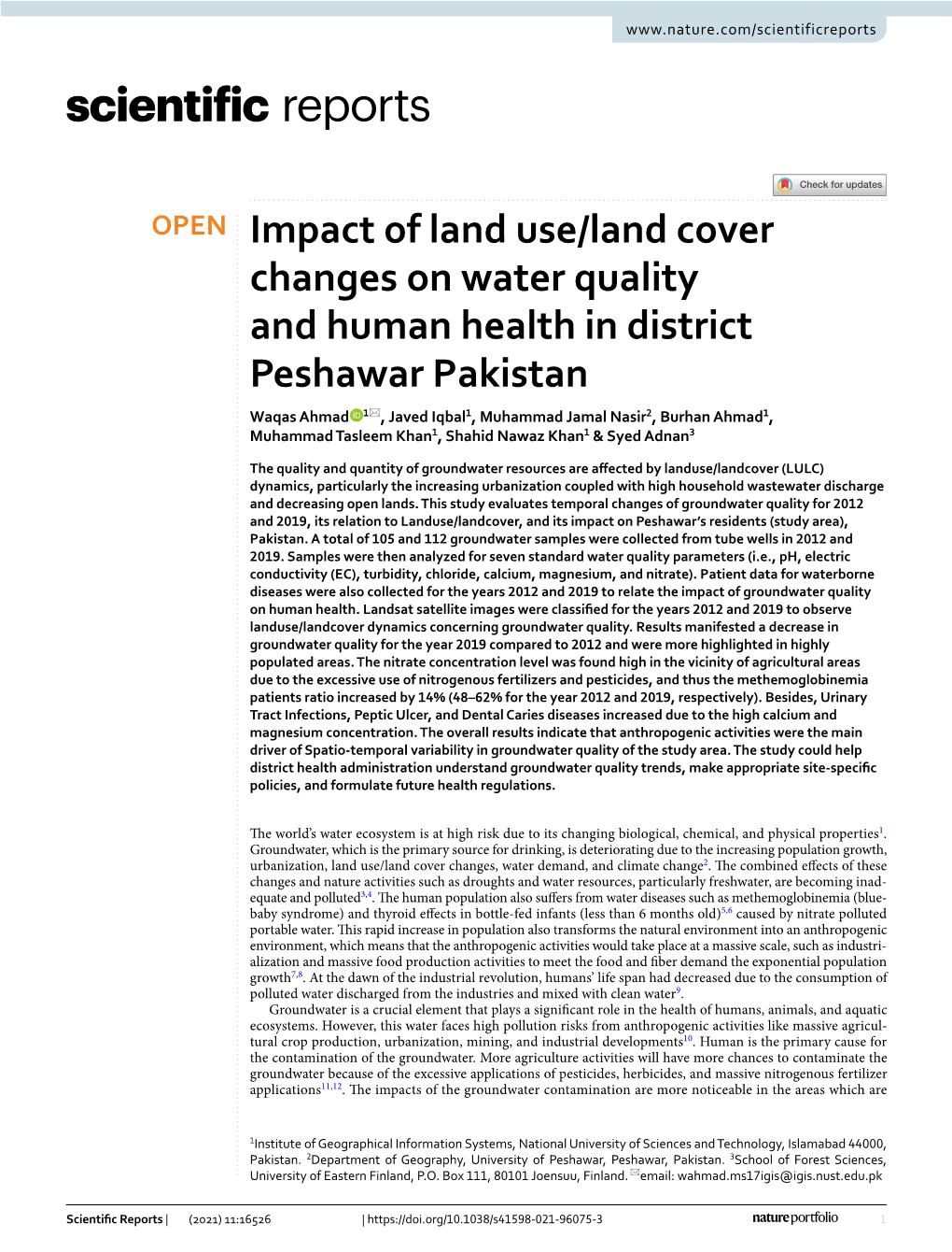 Impact of Land Use/Land Cover Changes on Water Quality and Human Health in District Peshawar Pakistan