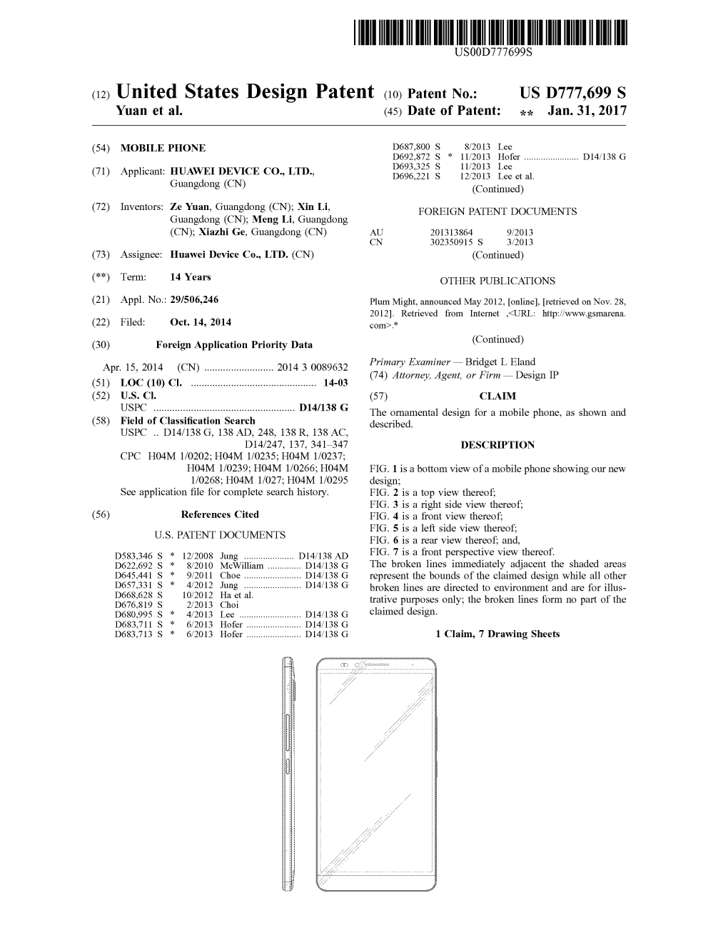 (12) United States Design Patent (10) Patent No.: US D777,699 S Yuan Et Al