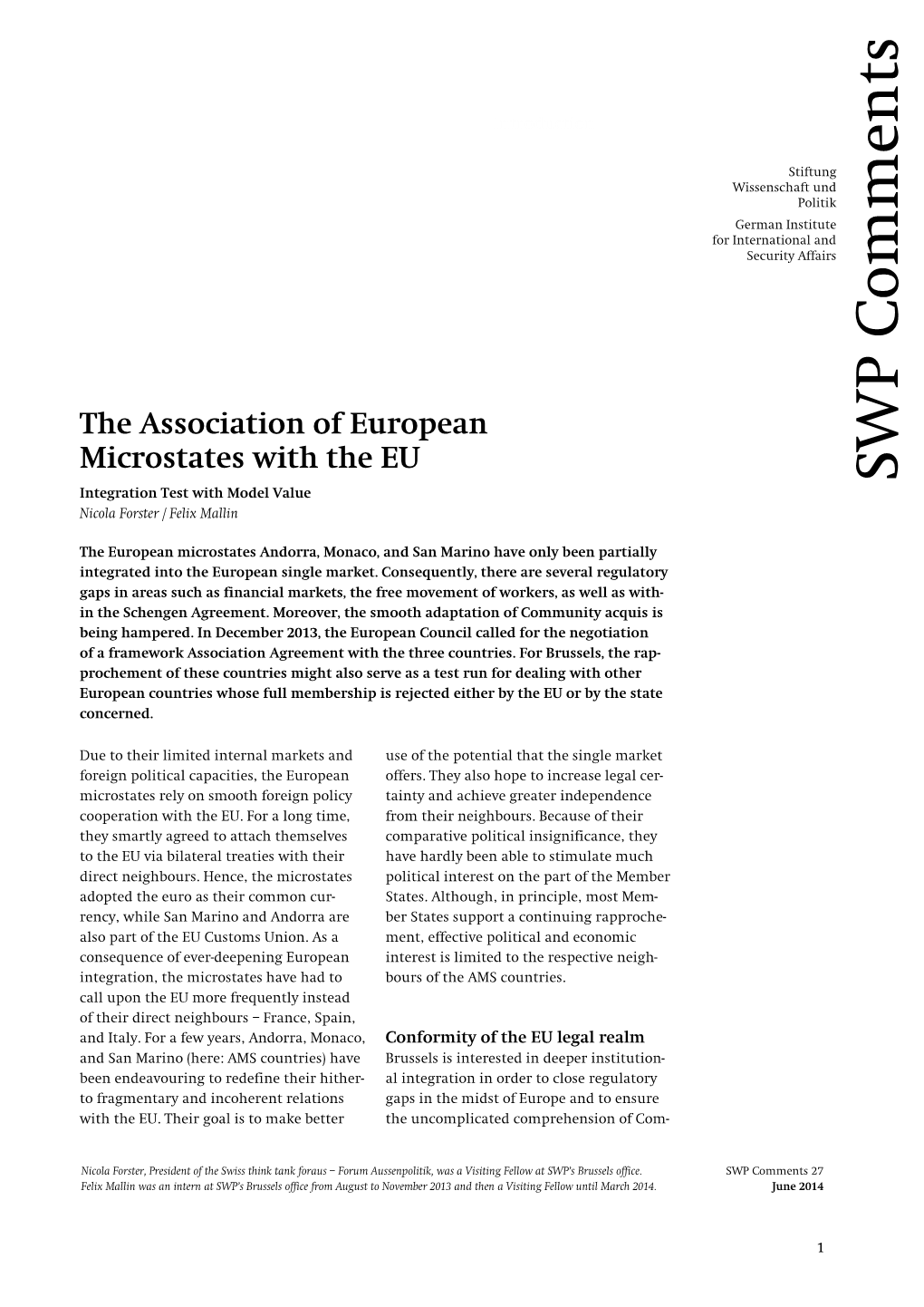 The Association of European Microstates with the EU WP S Integration Test with Model Value Nicola Forster / Felix Mallin